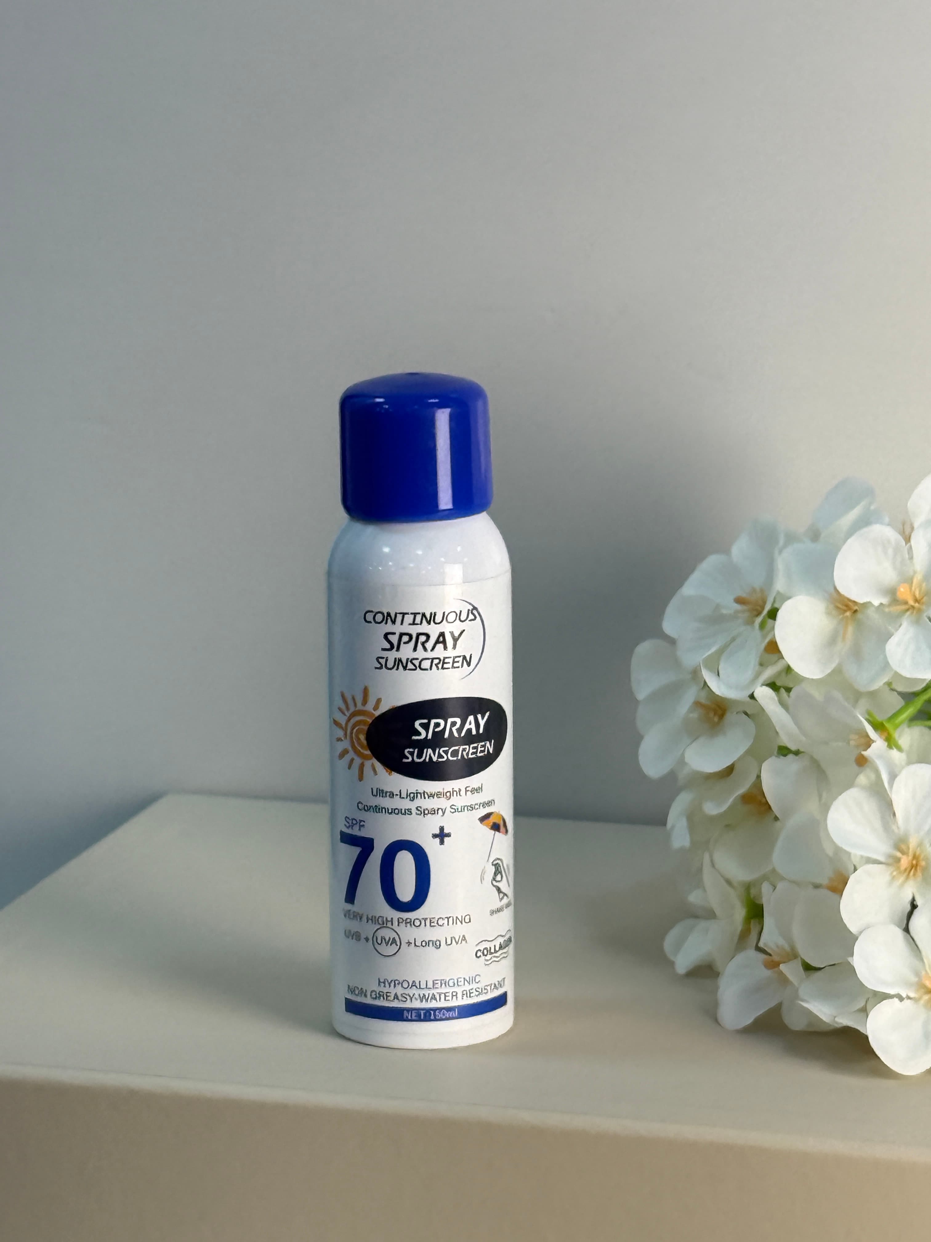 Continuous Spray Sunscreen SPF 70+ ☀️ بخاخ واقي شمس SPF 70+ – حماية عالية.