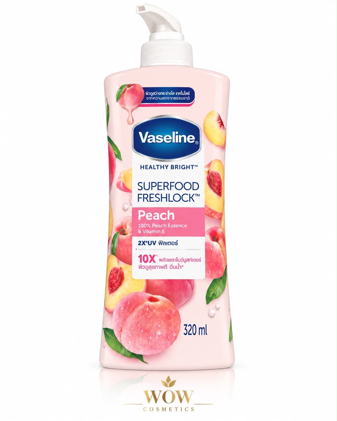 لوشن جسم Vaseline Healthy Bright Superfood Freshlock Peach بخلاصة الخوخ وفيتامين E، بحجم 320 مل.
